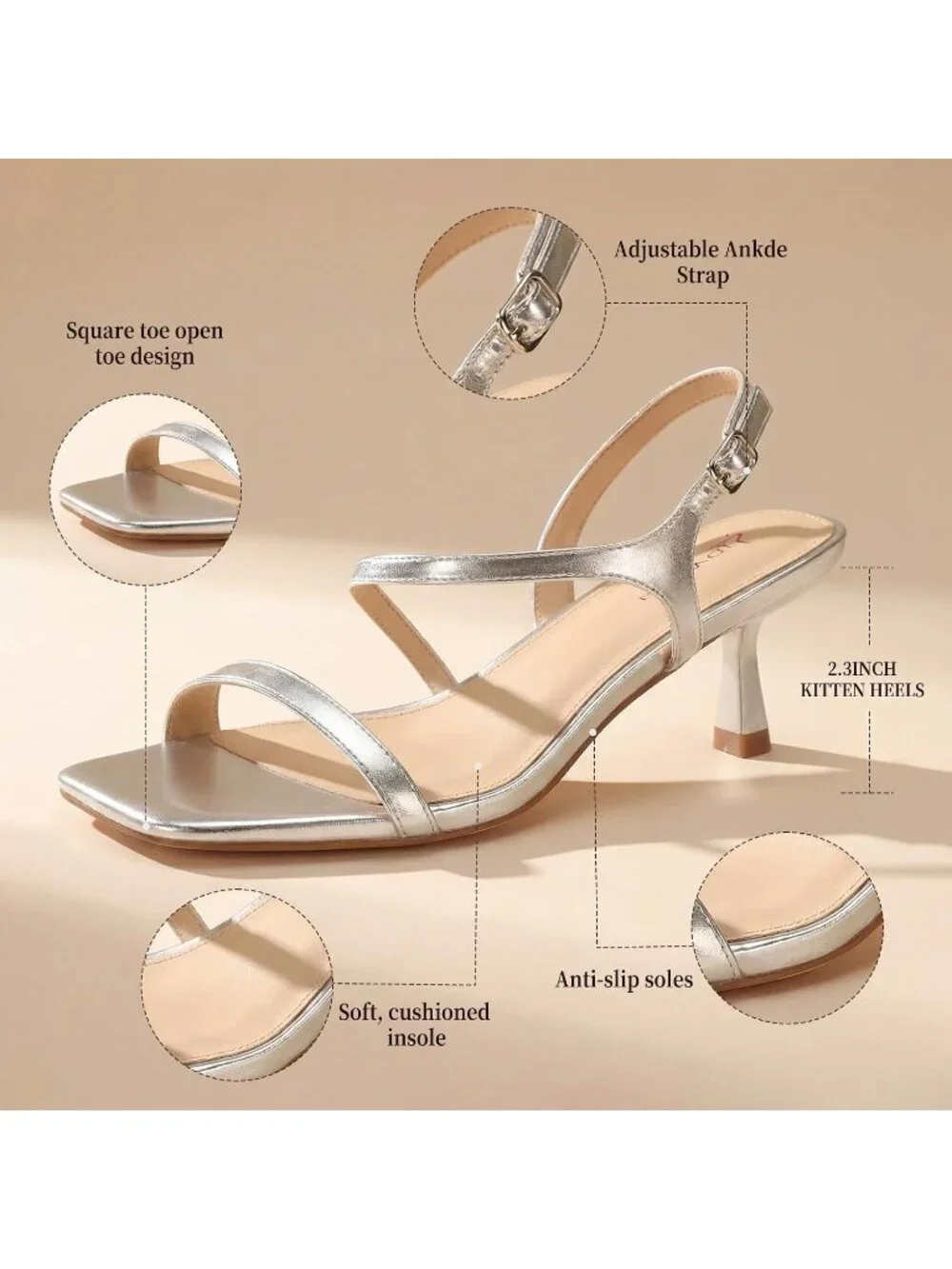 Women's Silver Adjustable Ankle Strap with Comfort and Elegant Heels Sandals